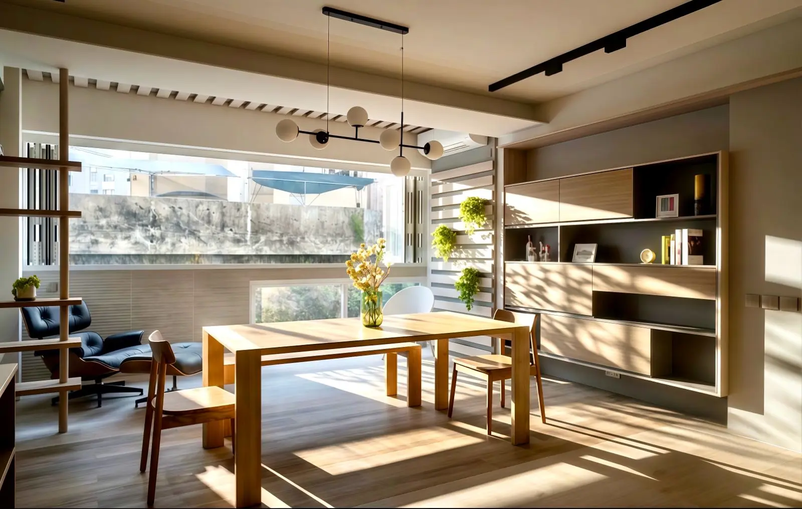 Sunlit dining room at 77 Blue Pool Road by Andy Tong Design Consultants