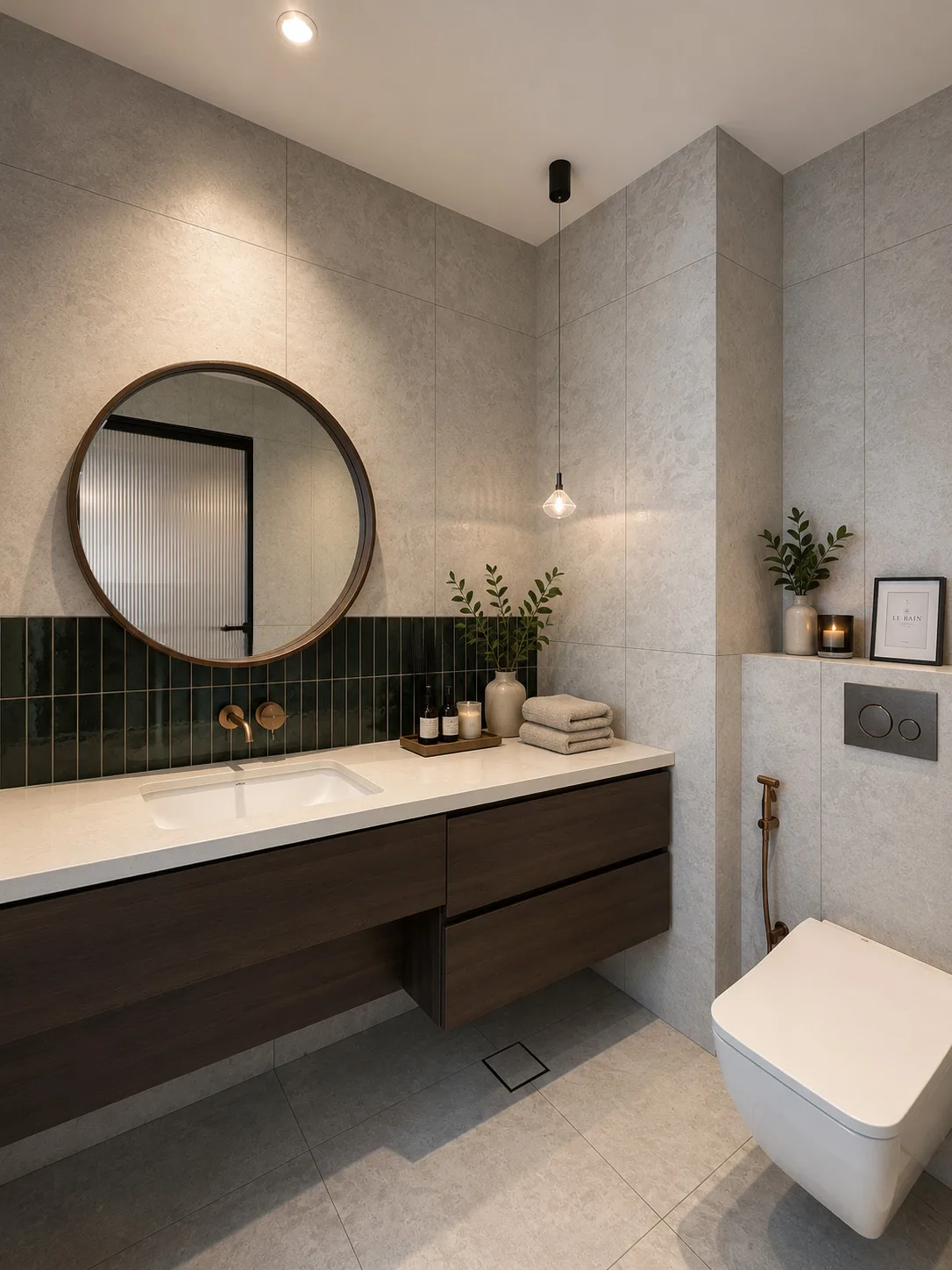J Concept Designers &mdash; bathroom 3 with handcrafted green subway tiles and round mirror