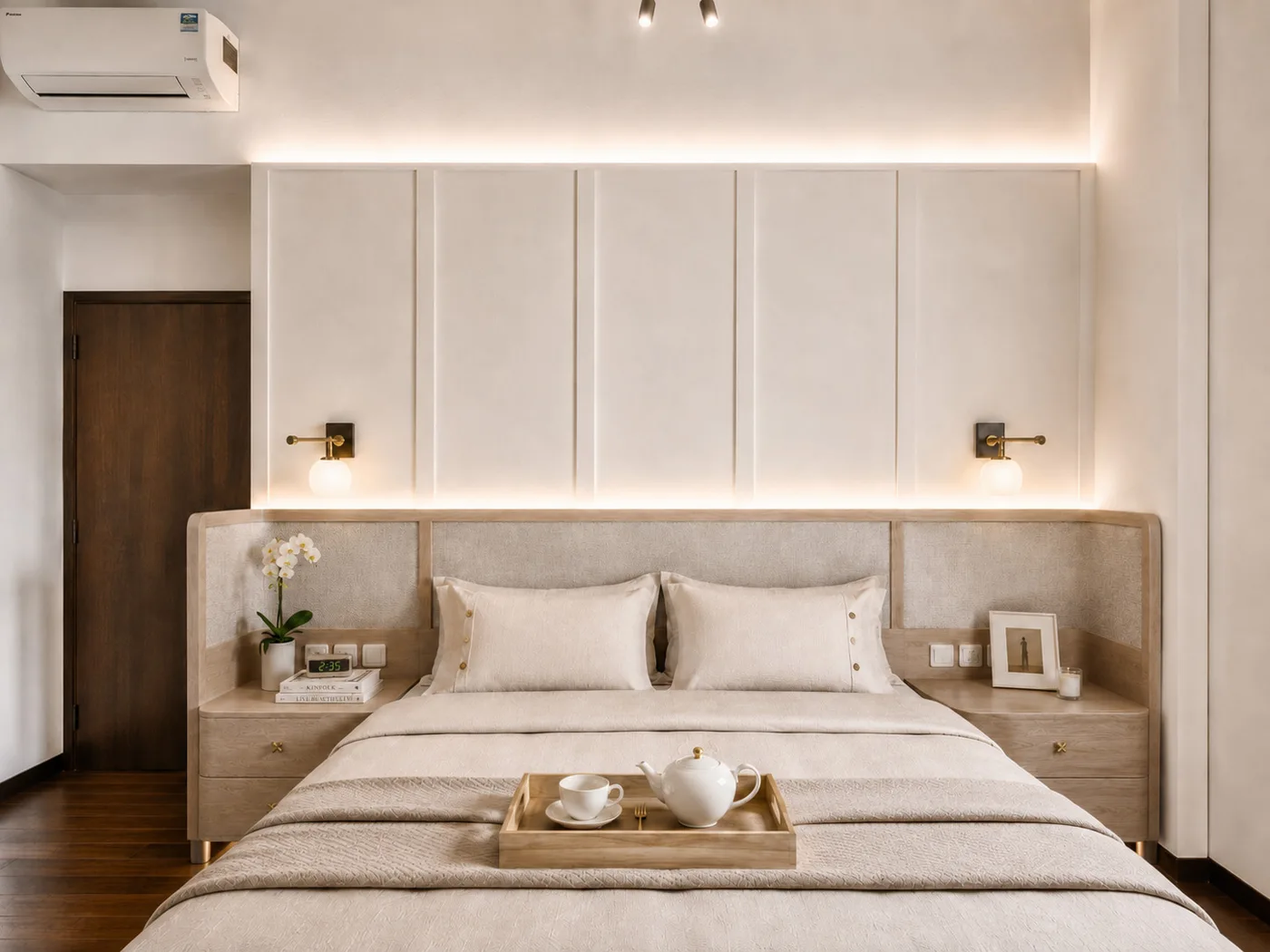 J Concept Designers &mdash; master bedroom with textured bedhead, panel wall and wall lights