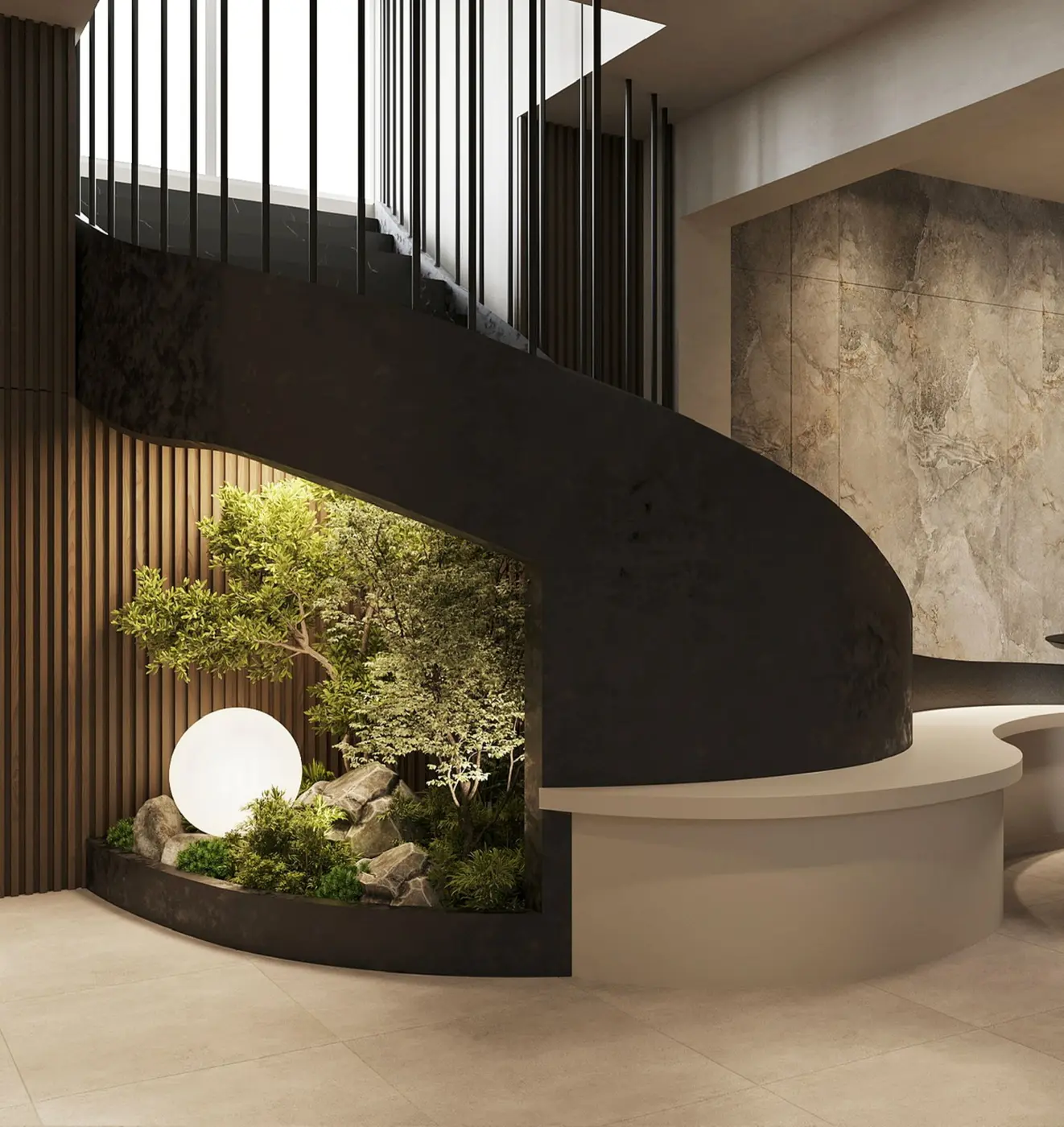 Curved dark marble staircase with under-stair landscape garden