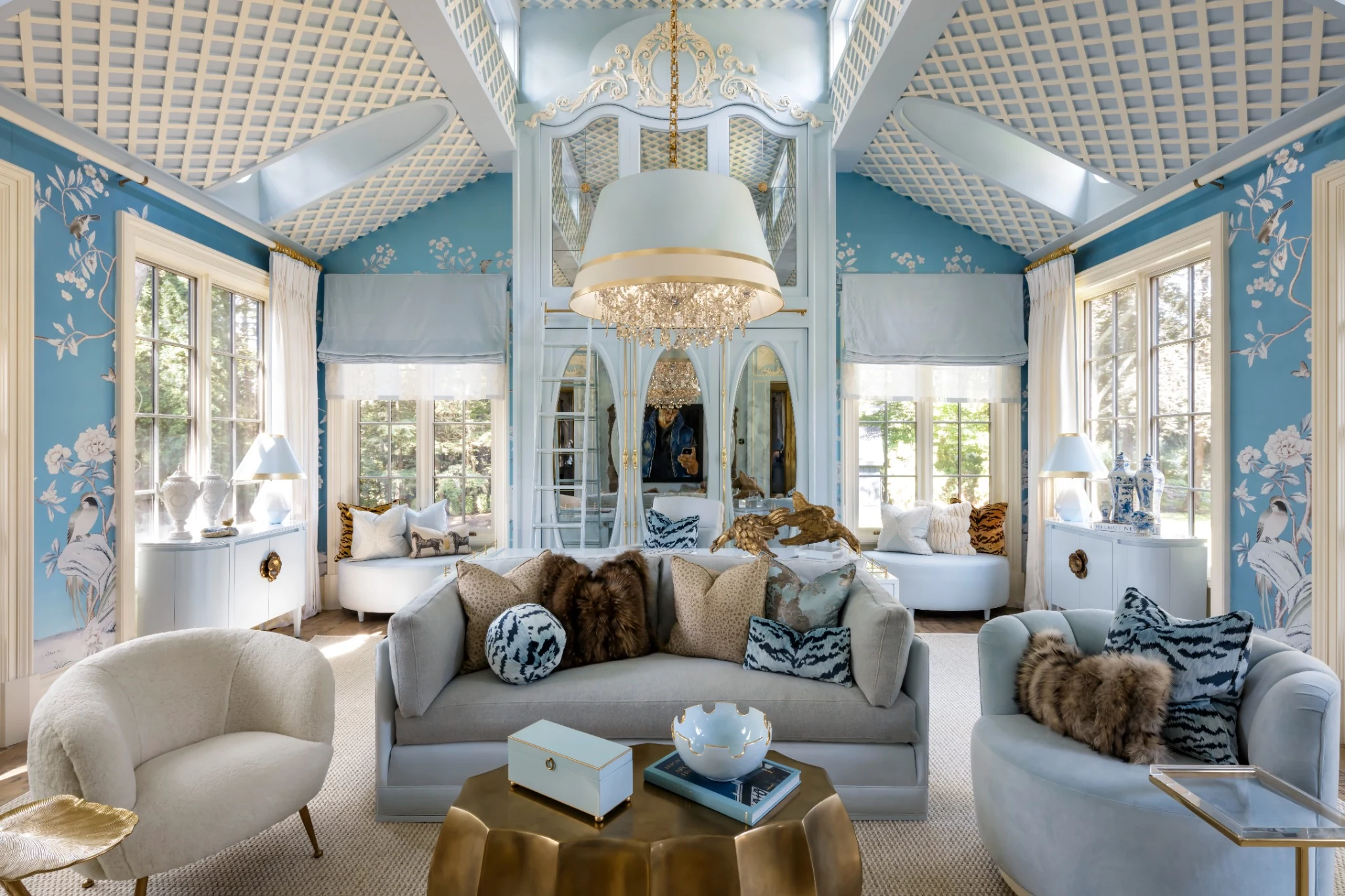 Lori Morris Design &mdash; The Designer's Office, wide view of soaring blue-and-white interior