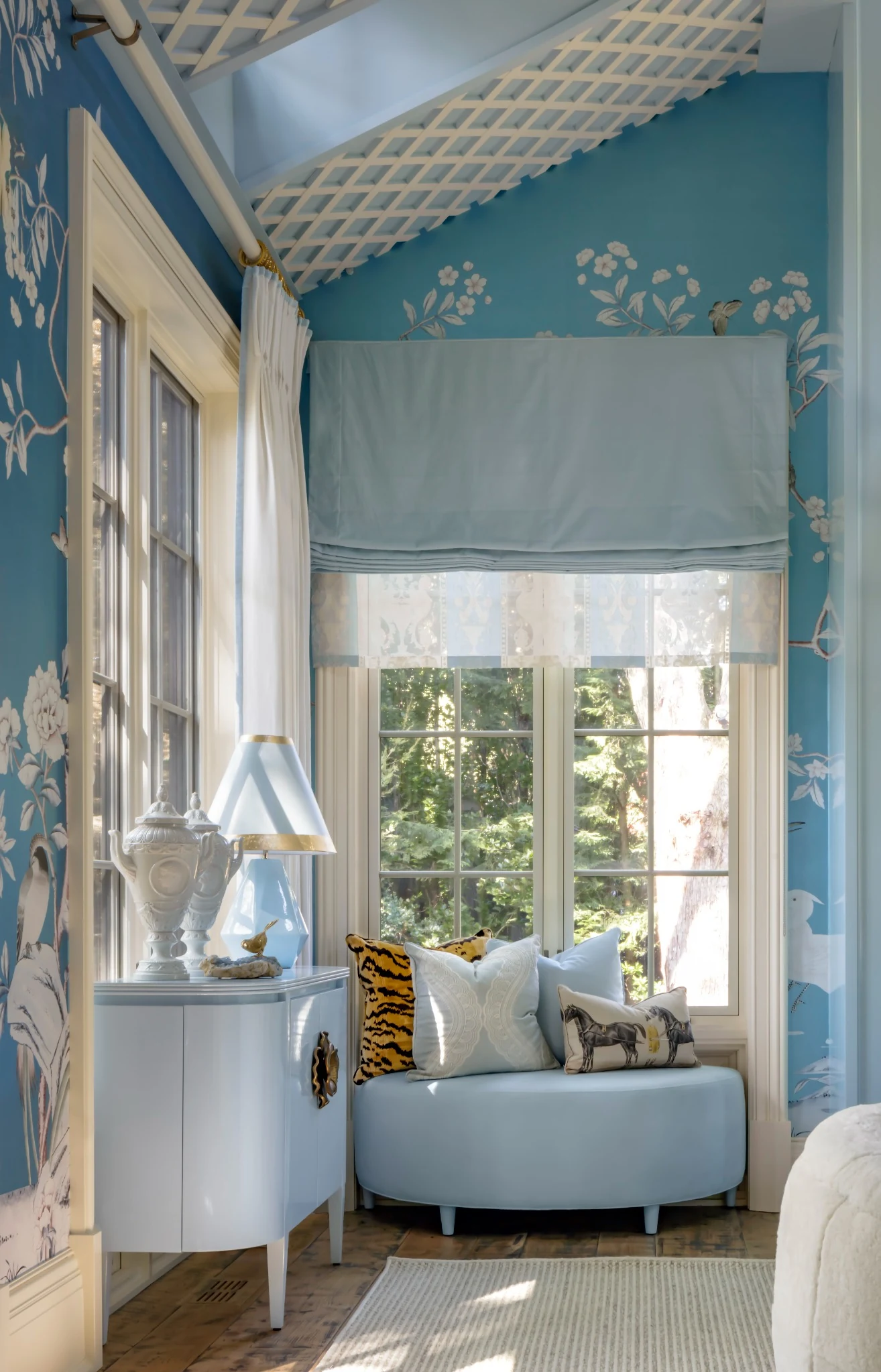 Lori Morris Design &mdash; chinoiserie window seating alcove with curved powder blue bench and layered window treatments