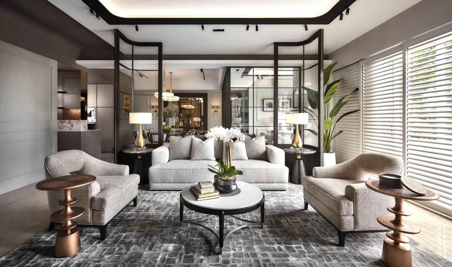Living room — warm neutral palette, bespoke cabinetry, concealed cove lighting and curated artwork