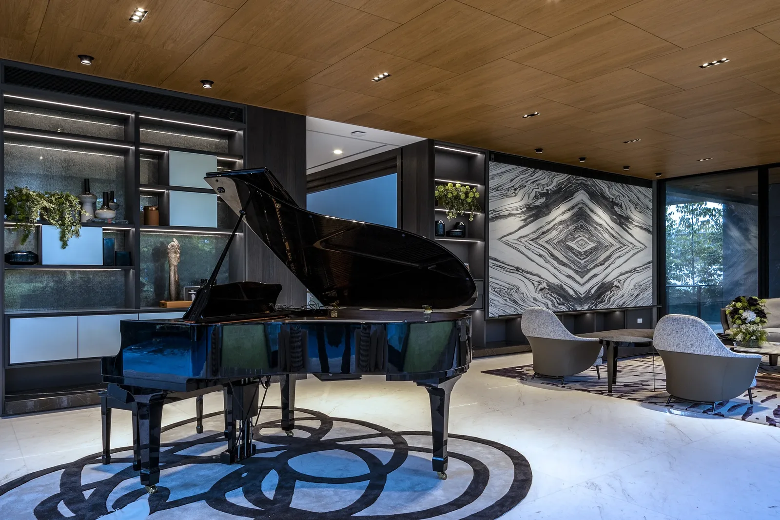 SuMisura &mdash; baby grand piano and piano-key lounge chair in entry hall