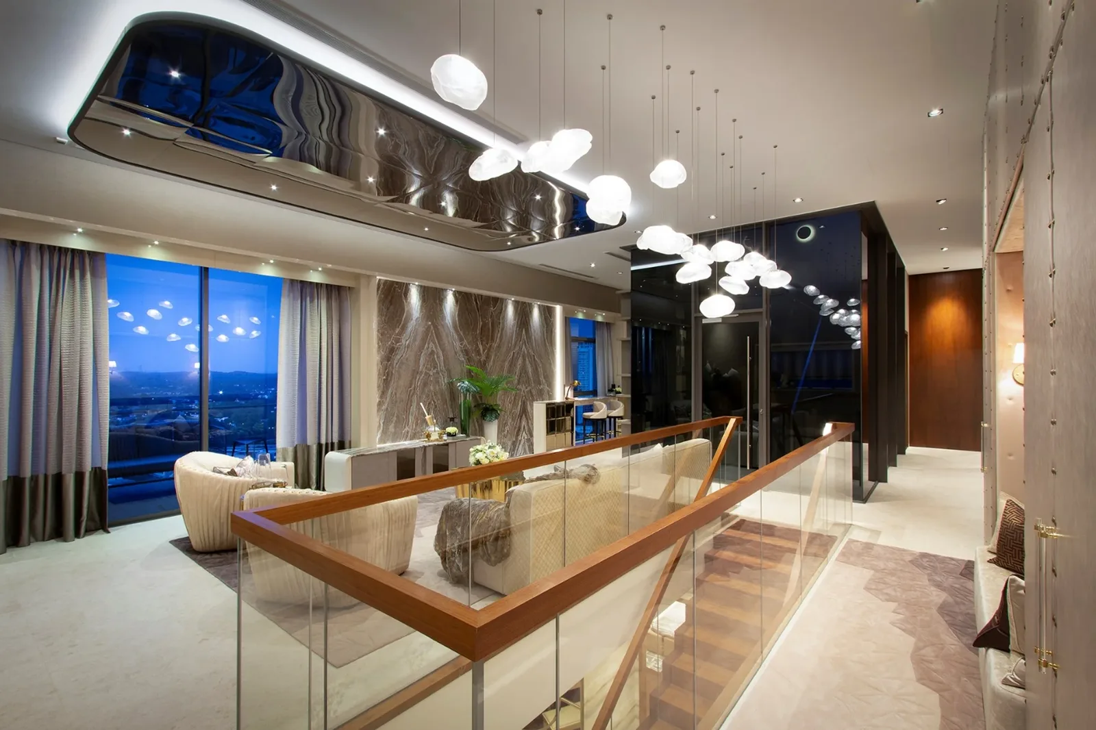 SuMisura &mdash; full living room with Bocci installation and central staircase