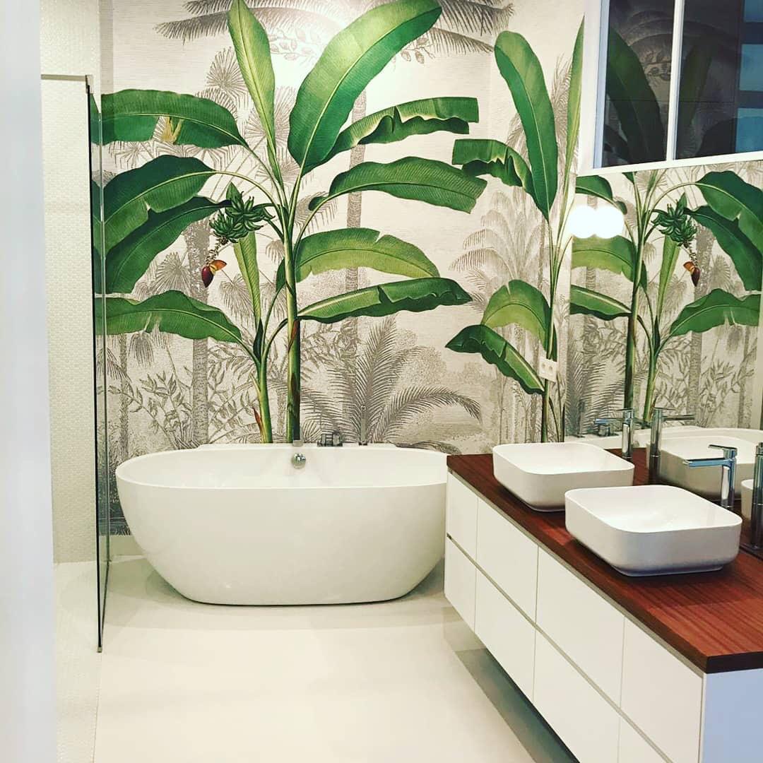 Bathroom With Tropical Wall Prints Via @carasavenwalldesign, Design Authority