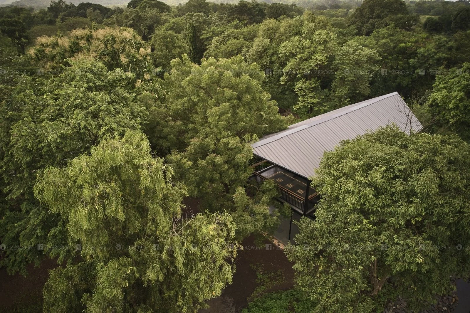 farmPAD aerial view — the insulated sloping roof emerges from the dense tree canopy, the compact footprint barely disturbing the established landscape